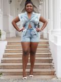 Plus Size Women Casual Short Sleeve Washed Denim Cargo Shorts Jumpsuit