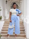 Plus Size Women Round Neck Short Sleeve Striped Top and Contrast Wide Leg Pants Two Piece Set