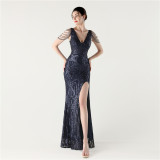 Women Fishbone Lace-Up V Neck Slit Evening Dress