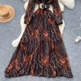 Fashionable Women's Beaded Sequin Embroidery V neck Slim Waist Long Sleeve Leopard Print Elegant Long Dress
