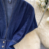Women's Summer Deep V neck Slim Waist Buttoned Pleated Casual Denim Dress