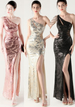 Women one-shoulder hollow fishtail slit beaded Formal Party sequin evening dress