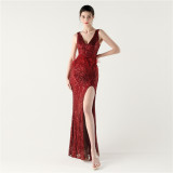 Women sequined feather decoration sexy V Neck cross Lace-Up bow evening dress