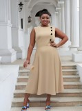 Plus Size Women Elegant Stand Collar Sleeveless Button Dress