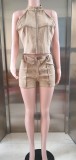 Women Denim Sleeveless Zipper Crop Top and Belt Shorts Two Piece Set