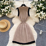 Women's Summer Sleeveless Knitting Slim Waist Contrast Color Pleated Dress