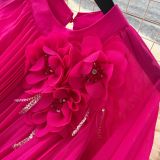 Elegant Women's Luxury Beaded Flower Belt Slim Waist Pleated Long Dress