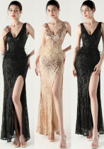 Women sequined feather decoration sexy V Neck cross Lace-Up bow evening dress