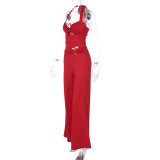 Women Summer Sexy Metal Button Hollow Sexy Backless Halter Neck Jumpsuit