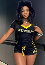 Women Spring Sexy Printed Short-sleeved V-neck Top And Lace-up Shorts Two Piece Set