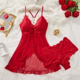 Women Sleepwear Slit Lace Sexy Lingerie Two Piece Set