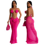 Women Multi-Color Sexy Backless Halter Neck Bikini Three-Piece