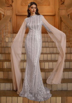 Women Long Sleeve Round Neck Bodycon Sequin Formal Party Fishtail Evening Dress