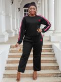 Plus Size Women Patchwork Ribbon Contrast Long Sleeve Top Drawstring Leg Pants Two Piece Set