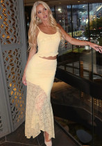 Women Summer Lace See-Through Ruffle Edge Crop Top and Skirt Two Piece Set Women Summer Lace See-Through Ruffle Edge Crop Top and Skirt Two Piece Set