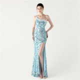 Women Sequin Sequin Beaded Slash Shoulder One-shoulder slit evening dress