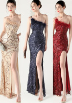 Women Sequin Sequin Beaded Slash Shoulder One-shoulder slit evening dress
