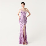 Women Sequin Sequin Beaded Slash Shoulder One-shoulder slit evening dress