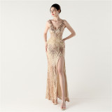 Women sequined feather decoration sexy V Neck cross Lace-Up bow evening dress