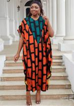 Plus Size Women Sexy Casual Patchwork Contrast Print Slit Dress