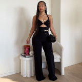 Women Summer Sexy Metal Button Hollow Sexy Backless Halter Neck Jumpsuit