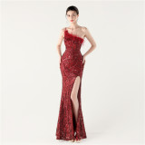 Women Sequin Sequin Beaded Slash Shoulder One-shoulder slit evening dress