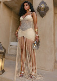 Women Spring and Summer Strap Mesh Sexy Pleated Bodycon Tassel Dress