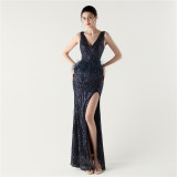 Women sequined feather decoration sexy V Neck cross Lace-Up bow evening dress