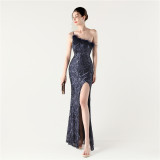 Women Sequin Sequin Beaded Slash Shoulder One-shoulder slit evening dress