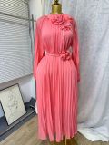 Elegant Women's Luxury Beaded Flower Belt Slim Waist Pleated Long Dress