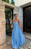 Women Summer Solid Strapless Pleated Sleeveless Strap Dress