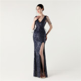 Women Furry Fishbone Lace-Up V Neck Slit Evening Dress