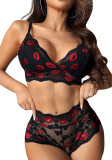 Women Printed Bra Red Lip Embroidery Lace Sexy Lingerie Two Piece Set