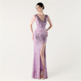 Women Furry Fishbone Lace-Up V Neck Slit Evening Dress