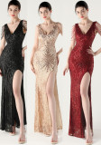 Women Fishbone Lace-Up V Neck Slit Evening Dress