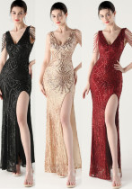 Women Fishbone Lace-Up V Neck Slit Evening Dress