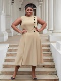 Plus Size Women Elegant Stand Collar Sleeveless Button Dress