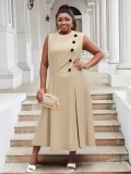 Plus Size Women Elegant Stand Collar Sleeveless Button Dress