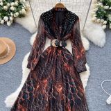 Fashionable Women's Beaded Sequin Embroidery V neck Slim Waist Long Sleeve Leopard Print Elegant Long Dress
