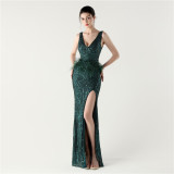Women sequined feather decoration sexy V Neck cross Lace-Up bow evening dress