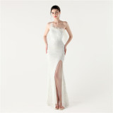 Women Sequin Sequin Beaded Slash Shoulder One-shoulder slit evening dress