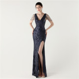 Women Fishbone Lace-Up V Neck Slit Evening Dress