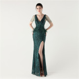 Women Furry Fishbone Lace-Up V Neck Slit Evening Dress