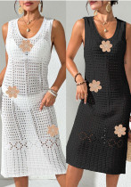 Women Sexy Hollow Embroidered Flower Patchwork Beach Bikini Cover-up Dress