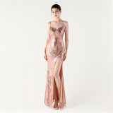 Women beaded sequin fishbone Lace-Up See-Through evening dress