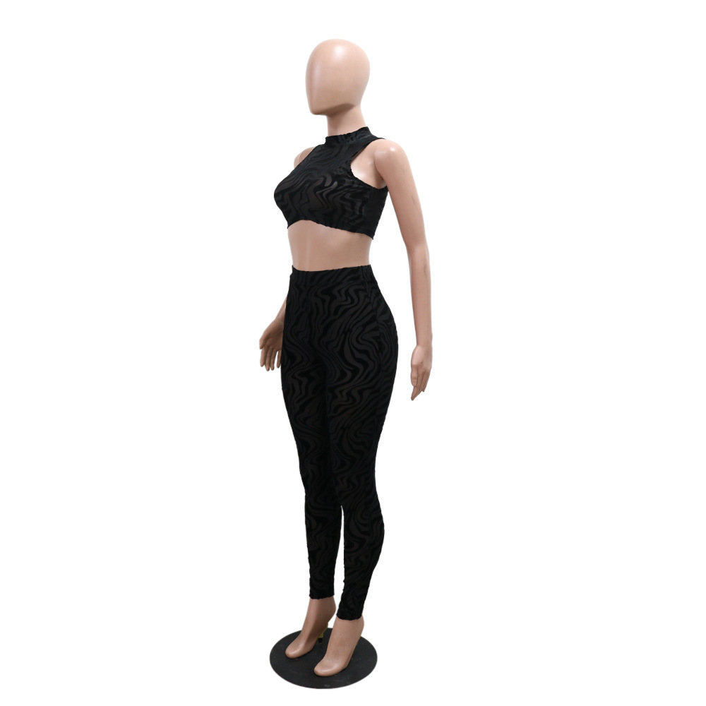 Women Round Neck Sexy Sleeveless Crop Top and Pants Two Piece Set