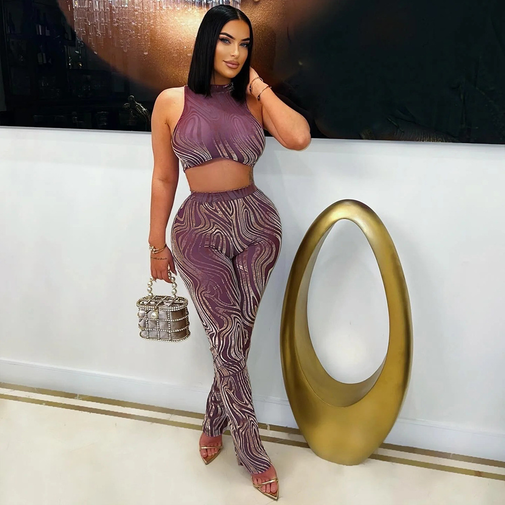 Women Round Neck Sexy Sleeveless Crop Top and Pants Two Piece Set