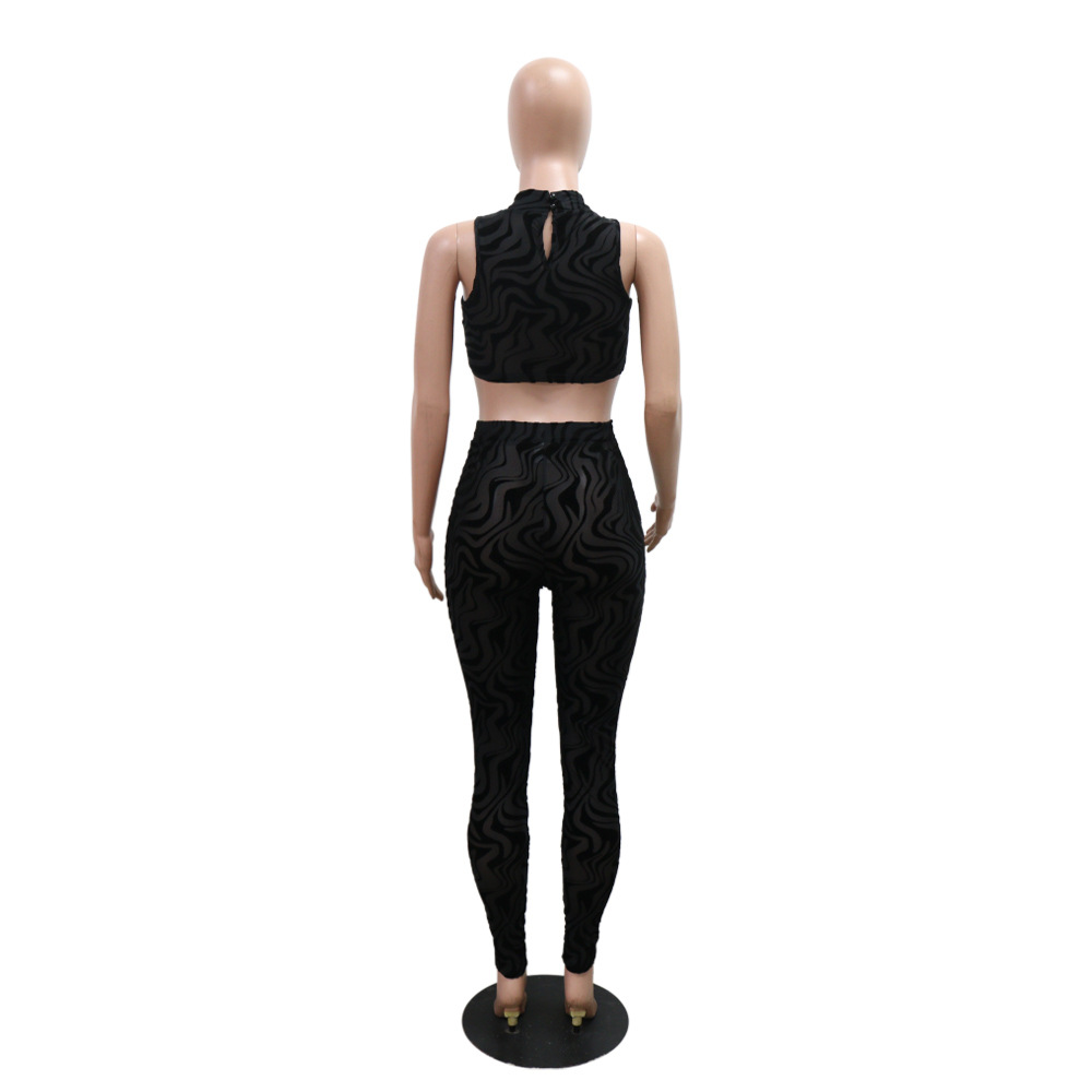 Women Round Neck Sexy Sleeveless Crop Top and Pants Two Piece Set