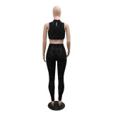 Women Round Neck Sexy Sleeveless Crop Top and Pants Two Piece Set