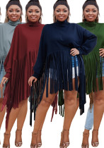 Plus Size Women Solid Long Sleeve Tassel Dress Plus Size Women Solid Long Sleeve Tassel Dress